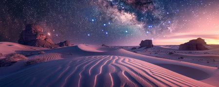 A serene desert night background with a star-filled sky, sand dunes, and the textures of cool desert winds and ancient rock formations, creating a peaceful and expansive setting.の素材