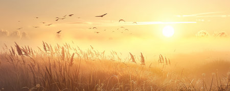 A serene countryside at sunrise background with misty fields, chirping birds, and the textures of dewy grasses and waking nature, creating a peaceful and refreshing start to the day.の素材