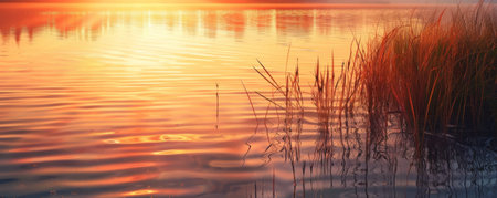 A serene lake sunset background with warm orange hues, calm water, and textured reflections. The peaceful, picturesque view creates a relaxing, tranquil scene.の素材