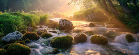 A serene mountain stream at dawn background with flowing water, mossy rocks, and the textures of lush greenery and soft morning light, creating a peaceful and refreshing natural retreat.の素材