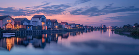 A serene riverside village at dawn background with calm waters, charming houses, and the textures of soft hues and tranquil reflections, creating a peaceful and picturesque coastal retreat.の素材