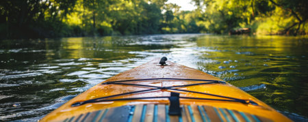 A serene paddleboarding river background with calm waters, colorful boards, and the textures of paddles dipping into the water and serene exploration.の素材