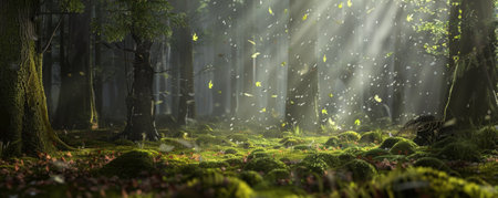 A serene woodland glade background with dappled sunlight, rustling leaves, and the textures of mossy ground and tall trees, creating a peaceful and picturesque natural setting.の素材