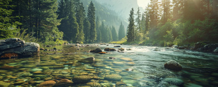 A serene mountain river background with clear flowing water, rocky banks, and the textures of pine trees and smooth pebbles, creating a peaceful and natural setting.の素材