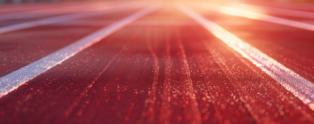 A serene running track background with a smooth red surface, white lane markers, and the textures of soft morning light and determined athletes.の素材