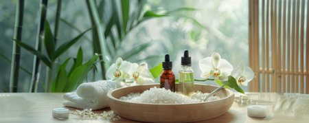 A serene spa setup with a wooden tray holding a bowl of bath salts, essential oil bottles, and a white towel, all set against a backdrop of bamboo and orchids.の素材