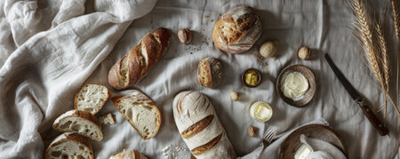A top view of a linen-covered table with assorted bread, a vintage bread knife, and a small bowl of butter. The scene features muted, neutral colors for a classic feel.の素材