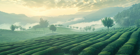 A serene tea plantation at dawn background with misty hills, orderly rows of tea plants, and the textures of lush greenery and tranquil ambiance, creating a peaceful and picturesque agricultural setting.の素材
