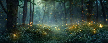 A tranquil forest glade at dusk background with glowing fireflies, rustling leaves, and the textures of soft grasses and serene ambiance, creating a peaceful and magical natural setting.の素材