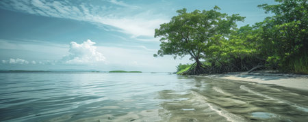 A tranquil coastal lagoon background with calm waters, mangrove trees, and the textures of sandy shores and gentle waves, creating a peaceful and idyllic natural scene.の素材