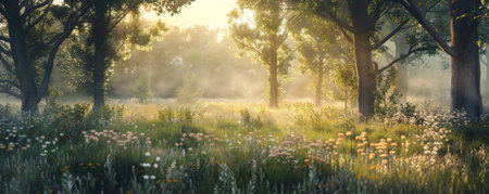 A tranquil forest clearing at dawn background with soft light, blooming wildflowers, and the textures of gentle breezes and serene surroundings, creating a peaceful and picturesque natural retreat.の素材