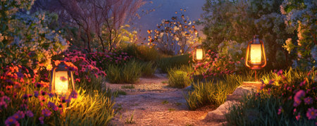 A tranquil garden at sunset background with glowing lanterns, blooming flowers, and the textures of soft grasses and serene ambiance, creating a peaceful and picturesque retreat.の素材