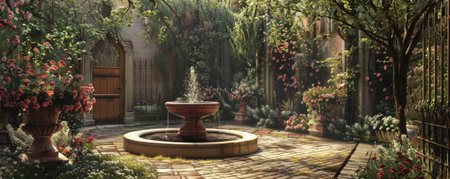 A tranquil garden courtyard background with blooming flowers, trickling fountains, and the textures of stone paths and wrought-iron gates, creating a serene and picturesque retreat.の素材