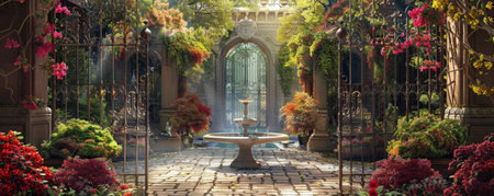 A tranquil garden courtyard background with blooming flowers, trickling fountains, and the textures of stone paths and wrought-iron gates, creating a serene and picturesque retreat.の素材