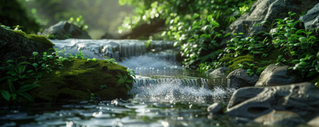 A tranquil mountain stream background with flowing water, mossy rocks, and the textures of cool shade and lush greenery, creating a peaceful and refreshing natural setting.の素材