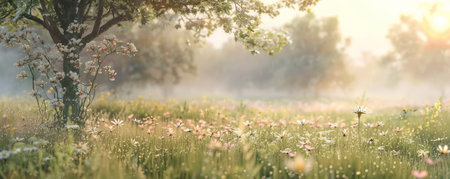 A tranquil meadow at dawn background with dewy grasses, soft morning light, and the textures of fresh blooms and gentle breezes, creating a peaceful and picturesque natural setting.の素材