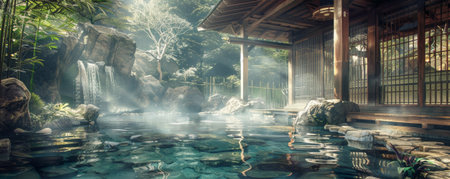 A tranquil Japanese hot spring (onsen) background with steam rising from the water, bamboo accents, and the textures of smooth rocks and traditional wooden architecture, creating a relaxing and rejuvenating atmosphere.の素材