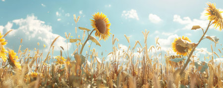 A tranquil sunflower field background with golden blooms, clear skies, and the textures of tall stalks and gentle breezes, creating a peaceful and sunny agricultural scene.の素材