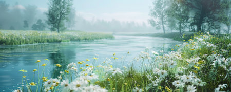 A tranquil riverside meadow in spring background with blooming flowers, gentle breezes, and the textures of soft grasses and serene waters, creating a peaceful and picturesque natural setting.の素材