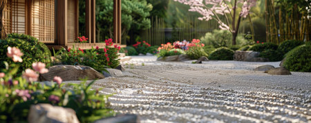 A tranquil tea garden background with traditional Japanese elements, blooming flowers, and the textures of raked gravel and wooden pavilions, creating a serene and meditative atmosphere.の素材