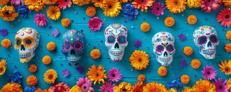 A vibrant Dia de los Muertos celebration background with colorful papel picado, marigold flowers, and the textures of sugar skulls and festive altars, creating a lively and cultural atmosphere.の素材