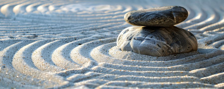 A tranquil zen rock garden background with meticulously arranged stones, raked gravel, and the textures of serene sand patterns and minimalist design, creating a contemplative and peaceful setting.の素材