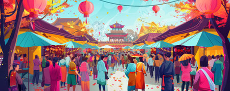 A vibrant cultural festival in spring background with colorful decorations, traditional performances, and the textures of lively crowds and festive atmosphere, creating a dynamic and joyful celebration.の素材