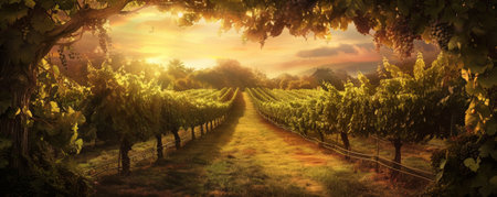 A tranquil vineyard at sunset background with lush grapevines, golden light, and the textures of rustic trellises and serene rows, creating a peaceful and picturesque setting.の素材