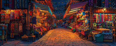 A vibrant cultural market at dusk background with colorful stalls, traditional crafts, and the textures of lively vendors and exotic goods, creating a dynamic and diverse shopping experience.の素材