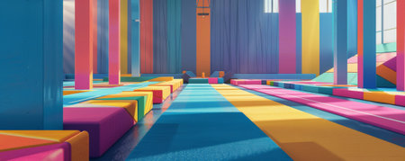 A vibrant gymnastics arena background with colorful mats, balance beams, and the textures of energetic routines and graceful movements.の素材