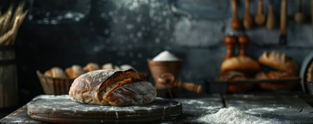 Bread bakery background with a dark, moody table surface, highlighting freshly baked bread, flour, and a rustic, artisanal atmosphereの素材