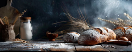 Bread bakery background with a dark, moody table surface, highlighting freshly baked bread, flour, and a rustic, artisanal atmosphereの素材