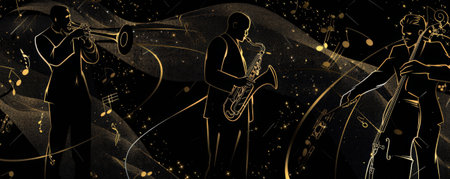Classic jazz music background with a rich, dark color palette and elegant gold accents. Silhouettes of musicians and flowing musical notes add to the timeless feel.の素材