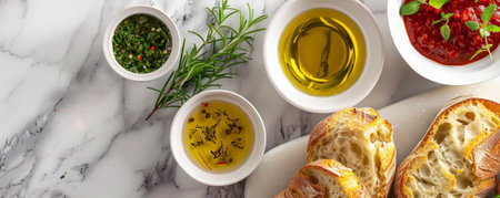 An assortment of bread on a marble countertop with small bowls of dipping oils and fresh herbs. Bright, cool lighting for a modern, clean look.の素材