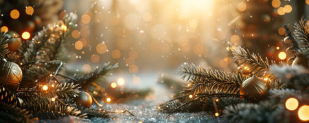 Cozy Christmas background with twinkling lights, textured pine branches, and festive ornaments. The warm, inviting scene creates a sense of joy and celebration, perfect for holiday themesの素材
