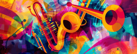 Lively jazz music background with bright, dynamic colors and abstract shapes. The energetic design reflects the vibrant spirit of live jazz.の素材