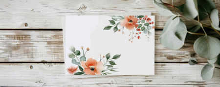 Mockup card birthday background featuring a watercolor floral design, with soft pastel colors and delicate flowers, set on a white card with a rustic wooden background, creating a charming and whimsical feelの素材