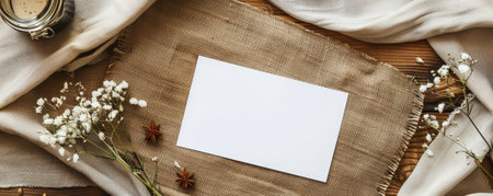 Mockup card birthday background showing a rustic farmhouse design, with a white card set against a burlap texture and wooden background, accented with mason jars and wildflowers, creating a cozy and charming lookの素材