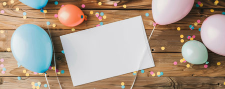 Mockup card birthday background with a minimalist design, featuring a simple white card on a wooden table with a few scattered pastel-colored balloons and confetti, giving a modern and clean lookの素材