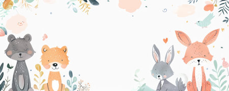 Mockup card birthday background featuring a cute animal theme, with illustrated bears, rabbits, and foxes, a soft pastel color scheme, and a white card with playful fonts, perfect for a child's birthday cardの素材