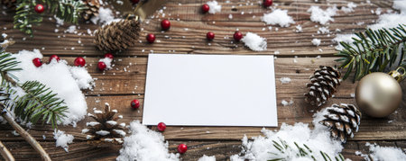 Mockup card birthday background showcasing a rustic winter theme, with a white card set against a snowy wooden background, accented with pinecones and holly berries, creating a festive and cozy winter sceneの素材