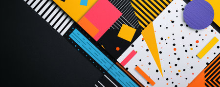 Mockup card birthday background featuring a modern geometric design, with bold shapes in bright colors, a white card with clean lines, and a contrasting black background, creating a trendy and stylish lookの素材