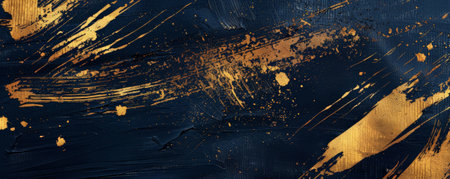 Metallic Gold Strokes: Rich metallic gold brush strokes on a dark navy background, exuding luxury and sophistication.の素材