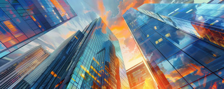 Modern cityscape background with sleek glass buildings, reflective surfaces, and a vibrant sky. The dynamic, urban scene creates a sense of energy and innovation, ideal for contemporary themesの素材
