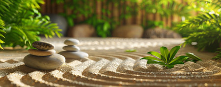 Peaceful zen garden background with raked sand patterns, smooth stones, and lush green foliage. The serene, harmonious textures evoke a sense of calm and balance, perfect for wellness or meditation themesの素材