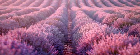 Serene lavender field background with rows of blooming lavender, soft purple hues, and a textured, pastoral landscape. The calming, aromatic scene creates a peaceful, relaxing atmosphere, ideal for nature themesの素材