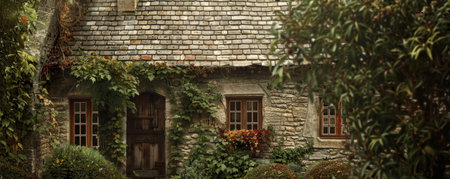 Rustic stone cottage background with a weathered facade, textured roof shingles, and surrounding greenery. The cozy, quaint scene creates a sense of charm and tranquility, ideal for countryside or historical themesの素材
