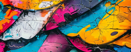 Urban graffiti wall background with vibrant colors, bold patterns, and textured spray paint. The edgy, artistic scene captures the energy and creativity of street art, adding a dynamic, urban feelの素材