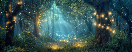 Whimsical fairy tale forest background with enchanted trees, glowing lights, and textured foliage. The magical, dreamy scene creates a sense of wonder and fantasy, perfect for imaginative themesの素材