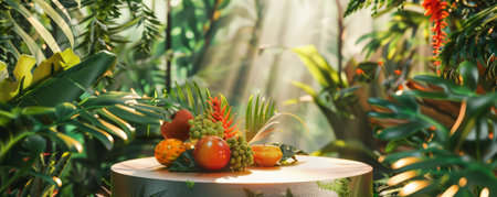 A chic podium background with a sleek, metallic podium adorned with exotic fruits. The backdrop is filled with lush greenery and bright, vibrant colors.の素材